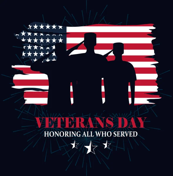 Glad veterandag, grunge amerikanska flaggsoldater minns och hedrar — Stock vektor