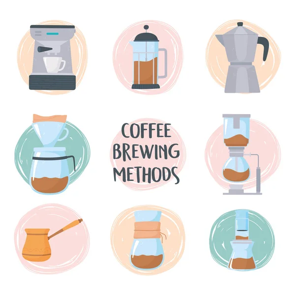 Méthodes de brassage du café, cafetières et machine à café, bouilloire, presse française, moka pot — Image vectorielle