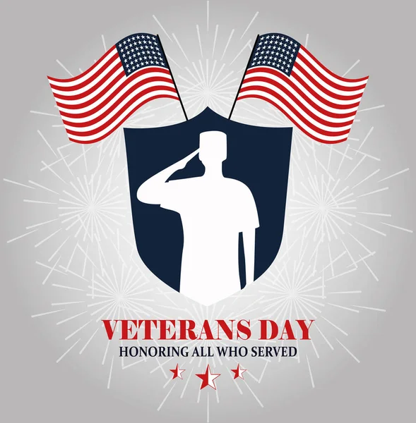 Happy veterans day, white silhouette soldier on shield and amrerican flags — Stock Vector