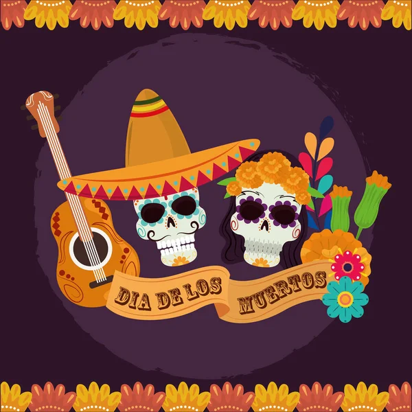 죽은 자들의 날, 모자 꽃과 기타, 멕시코 축하의 두개골캐 트리나 — 스톡 벡터