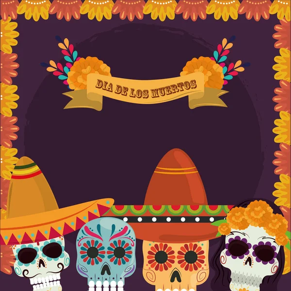 Día de los muertos, flores de catrinas florales con tarjeta de decoración de sombrero, celebración mexicana — Vector de stock