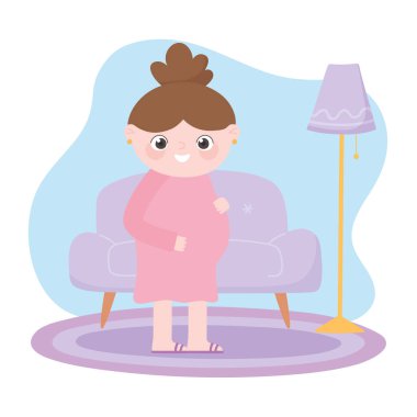 Hamilelik ve annelik, oturma odasındaki karikatürde güzel hamile bir kadın.