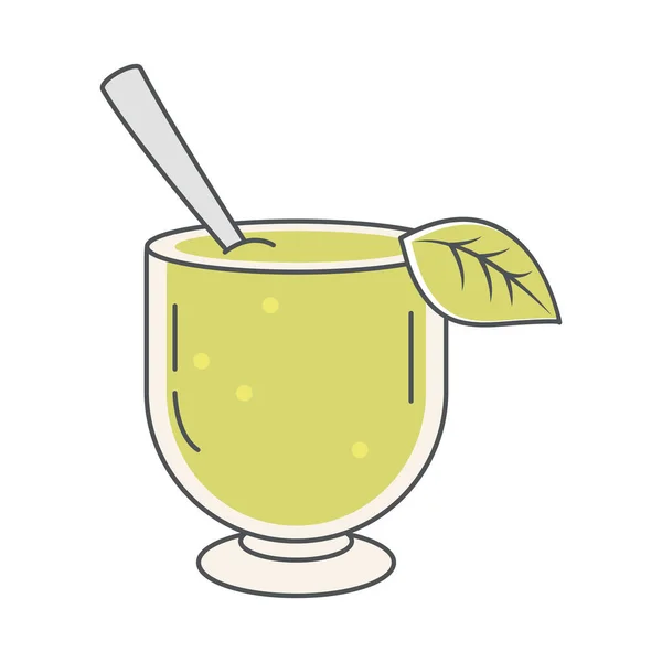 Chá, copo de vidro com colher e linha de folha e encher — Vetor de Stock