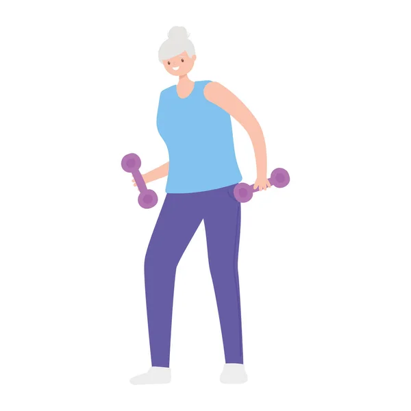 Ηλικιωμένη γυναίκα εξάσκηση άσκηση με αλτήρα, απομονωμένο σχεδιασμό — Διανυσματικό Αρχείο