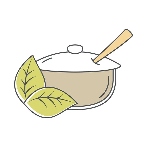 Gula mangkuk dengan sendok dan daun baris dan mengisi - Stok Vektor