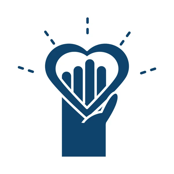 Mano con la cinta del corazón ayuda icono de la silueta de salud — Vector de stock