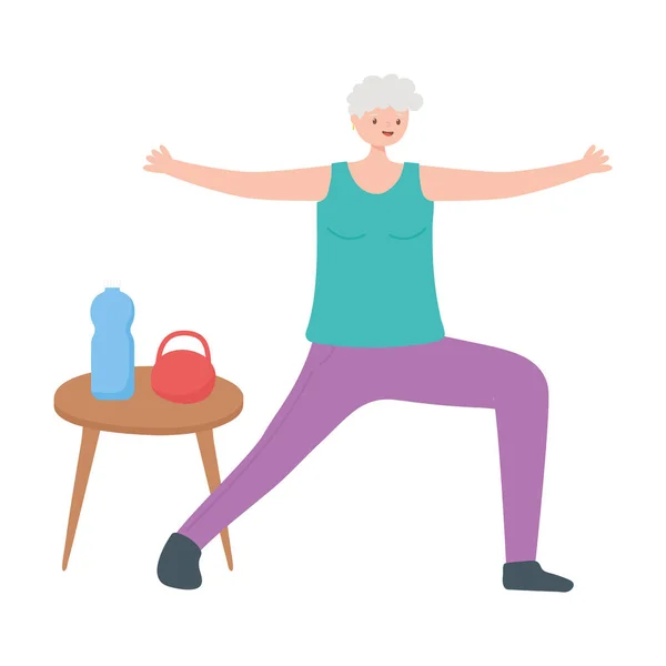 活动老年人，老年妇女与运动服水瓶和重量 — 图库矢量图片