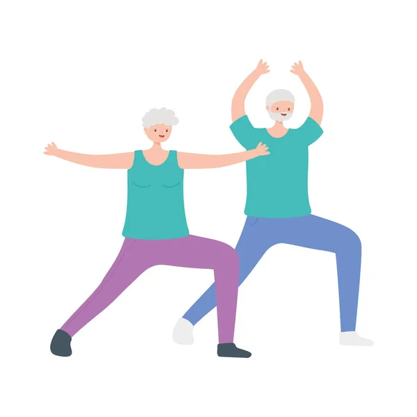 Activité seniors, vieil homme et femme étirement exercices sport — Image vectorielle