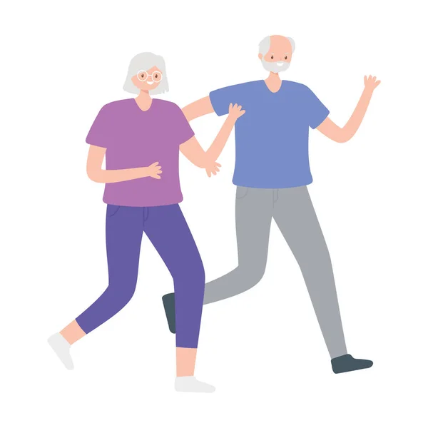 Actividad seniors, feliz pareja mayor caminar actividad sport — Vector de stock
