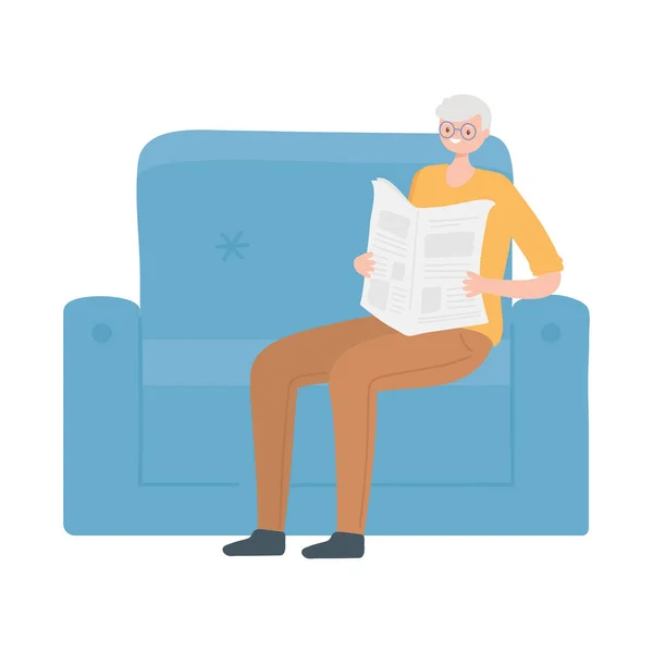 Old man character reading newspaper on sofa isolated design — Stock Vector