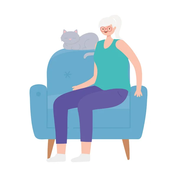 Activité personnes âgées, femme âgée assise sur une chaise avec son chat — Image vectorielle