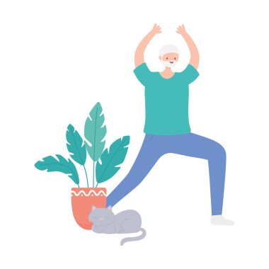 Son sınıflar, kedili yaşlı büyükbaba yoga yapıyor.