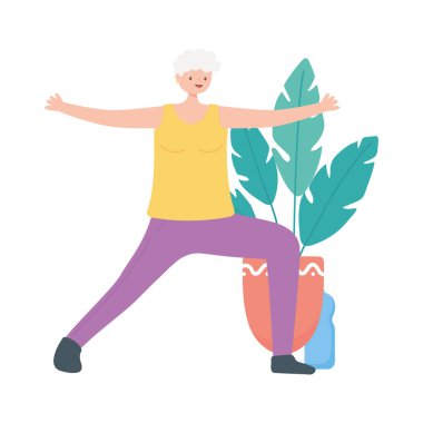 Son sınıflar, büyükannem odada yoga yapıyor.