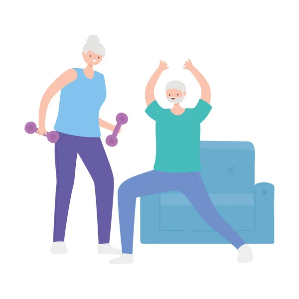 Aktivitet seniorer, äldre kvinna med hantel och gammal man stretching — Stock vektor