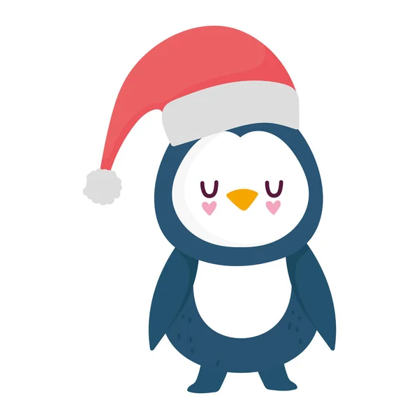 Merry christmas, cartoon penguin with santa hat celebration, isolated design — Stock Vector