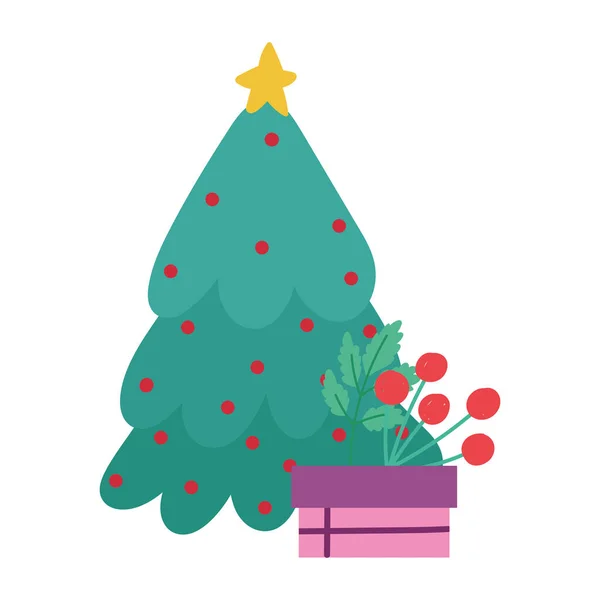 Feliz Navidad, árbol caja de regalo decoración de baya de acebo diseño aislado — Vector de stock