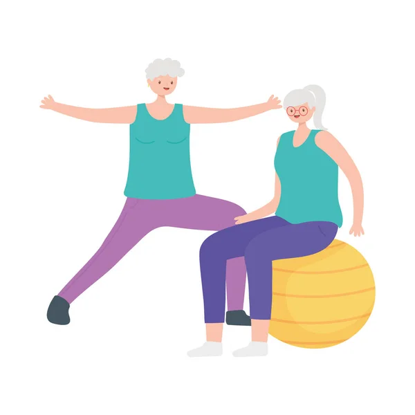 Activity seniors, happy elderly women practicing exercises with ball — Stock Vector