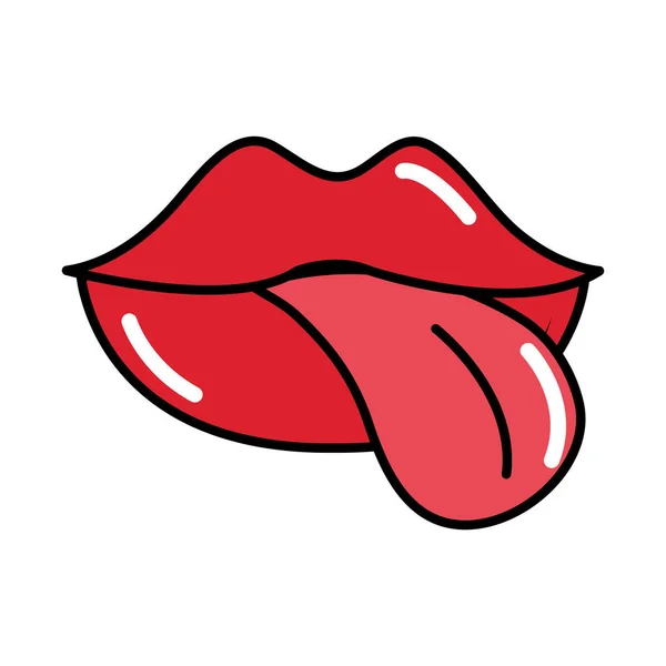 Língua da boca feminina para fora estilo pop art cômico, ícone plana — Vetor de Stock