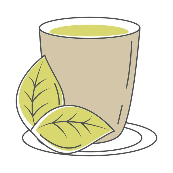 Tè, tazza con foglia in linea piatto e riempire — Vettoriale Stock