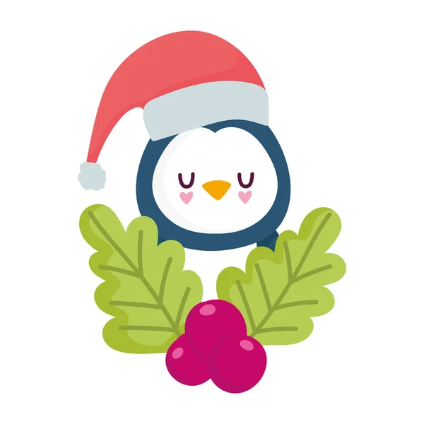 Счастливого Рождества, пингвинья голова с шляпой и падуба украшения ягоды, изолированный дизайн — стоковый вектор