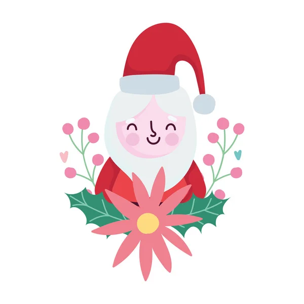 Buon Natale, cartone animato Babbo Natale fiore bacca agrifoglio, design isolato — Vettoriale Stock