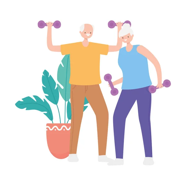 Activity seniors, old man and woman lifting weight sport — Stock Vector