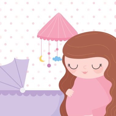 Hamilelik ve hamilelik, bebek beşiği ve bebek arabası olan güzel hamile bir kadın.