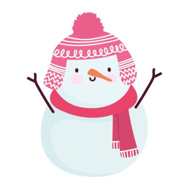 Mutlu Noeller, eşarp ve şapka takan kardan adam. Karakter kutlaması, izole tasarım.