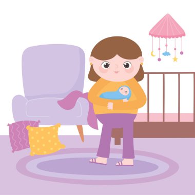 Hamilelik ve annelik. Bebek elinde beşikte ve sandalyeli bir anne.