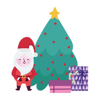 Mutlu Noeller, çizgi film Noel Baba ağacı ve hediye kutuları, izole edilmiş tasarım.