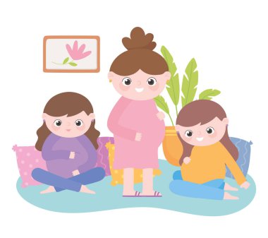 Hamilelik ve hamilelik, grup seksi hamile kadın çizgi filmi.