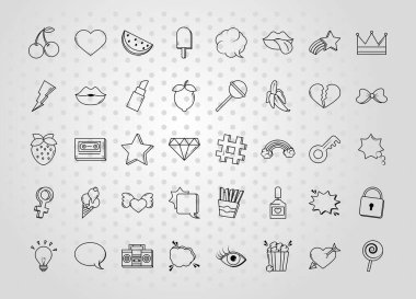 Pop sanat çizgi roman tarzı, komik moda çıkartmaları kiti, satır simgeleri