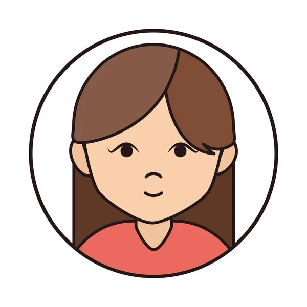 Femme dessin animé personnage portrait brunette femelle, ligne ronde icône — Image vectorielle
