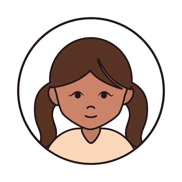 Милая девушка брюнетка персонаж мультфильма женщина, круглая линия значок — стоковый вектор