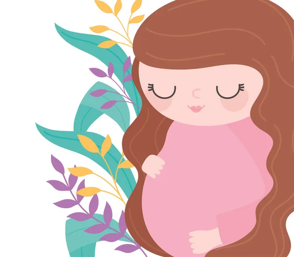 Zwangerschap en moederschap, schattige zwangere vrouw aanraken buik, bloemen decoratie achtergrond — Stockvector