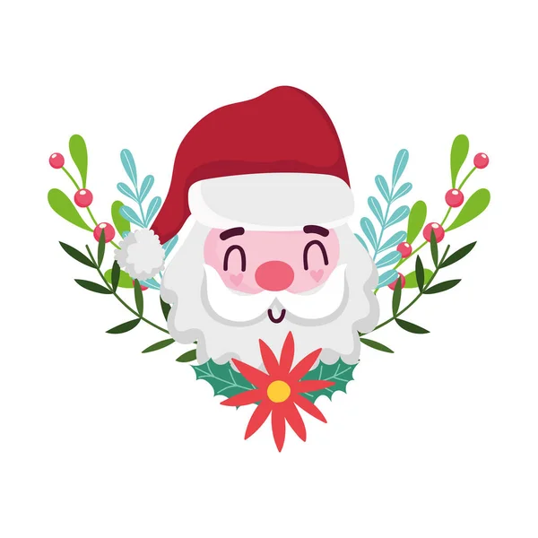 Merry christmas, cartoon face santa claus flower and holly berry, isolated design — Stock Vector