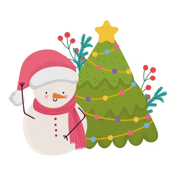 Merry christmas, snowman and tree with holly berry decoration, isolated design — Stock Vector