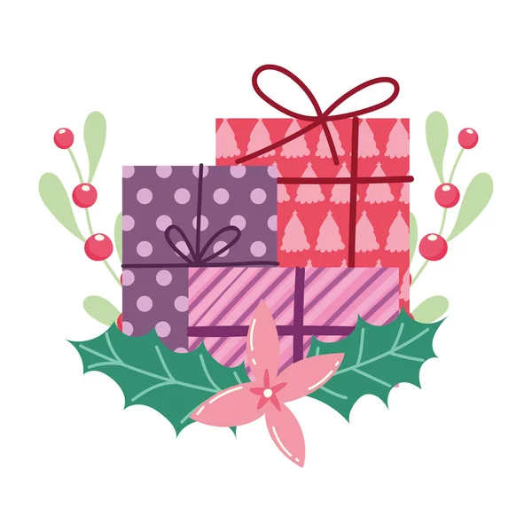 Boldog karácsonyt, ajándék dobozok virág magyal bogyó rajzfilm, elszigetelt design — Stock Vector