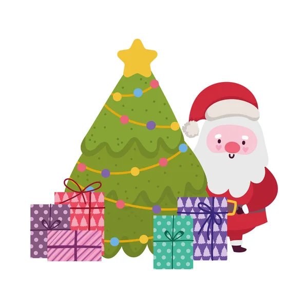 Joyeux noël, mignon arbre santa claus et boîtes-cadeaux célébration, conception isolée — Image vectorielle