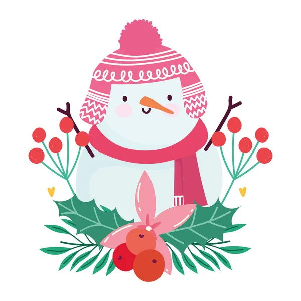 Feliz Navidad, muñeco de nieve flor de dibujos animados y la baya de acebo diseño aislado — Vector de stock