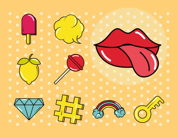 Pop art estilo cómico, insignias de parche de moda con labios caramelo fruta, conjunto de iconos planos — Vector de stock