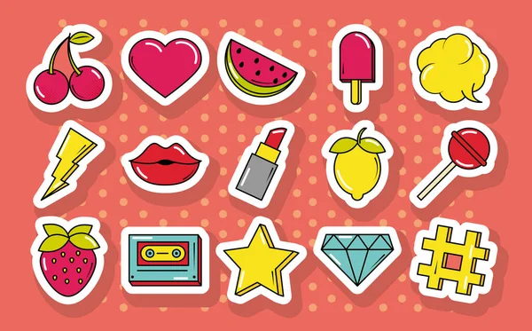 Pop art comic, set of stickers, pins, patches, flat icons — Stock Vector