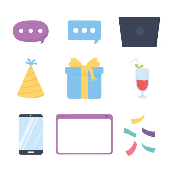 Partido en línea teléfono inteligente sitio web sombrero regalo bebida confeti iconos — Vector de stock