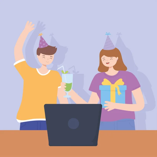 Fiesta en línea, chica con regalo de cóctel y niño con la celebración del ordenador portátil — Vector de stock