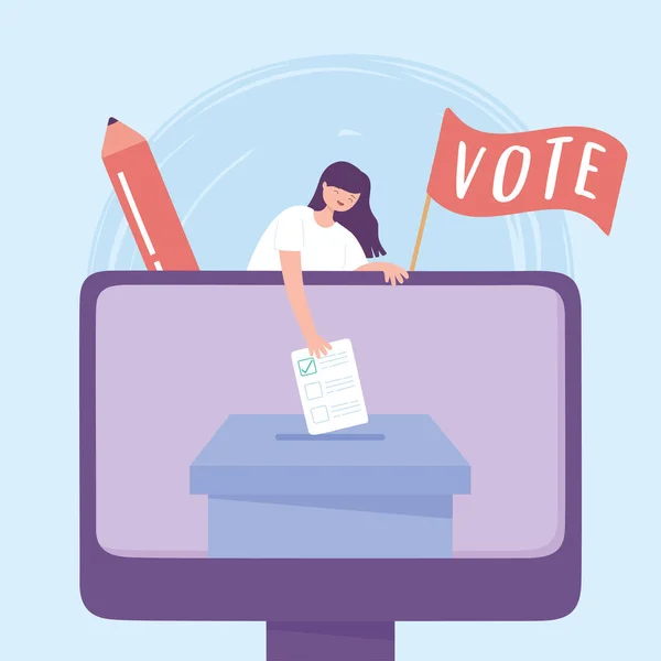 Día de las elecciones, mujer votante en línea con boleta electoral — Archivo Imágenes Vectoriales