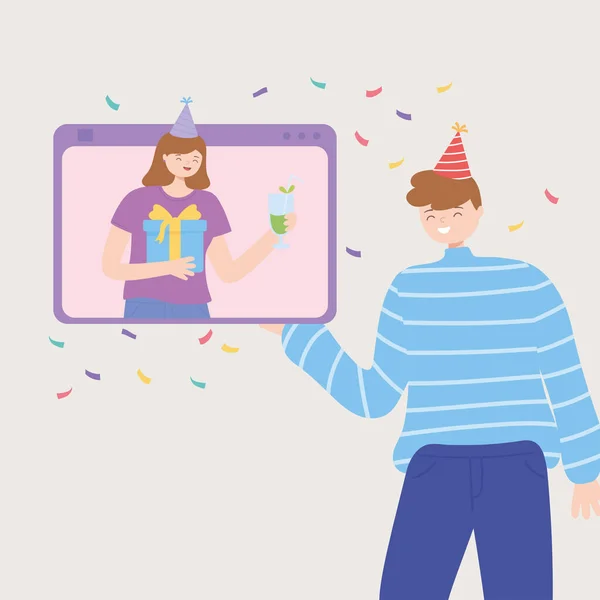 Video samtal kvinna i festlig hatt firar online med mannen — Stock vektor