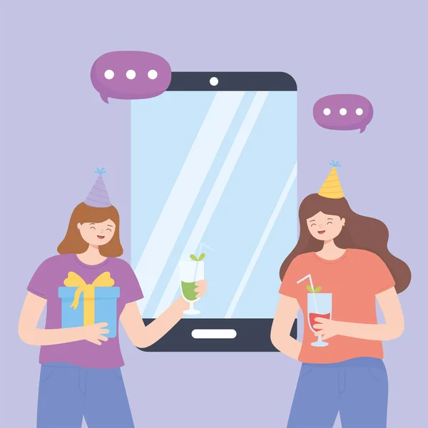 Онлайн-вечірка, дівчата з капелюхом для напоїв та смартфон, що святкують — стоковий вектор