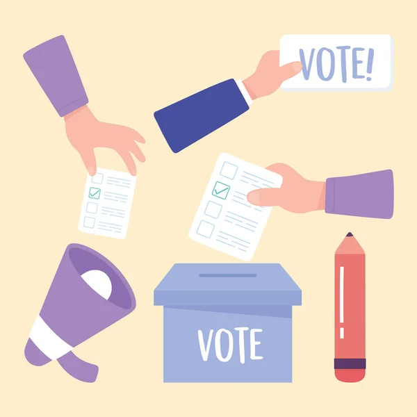 Election day, hands with ballot speaker box and pencil icons — Stock Vector