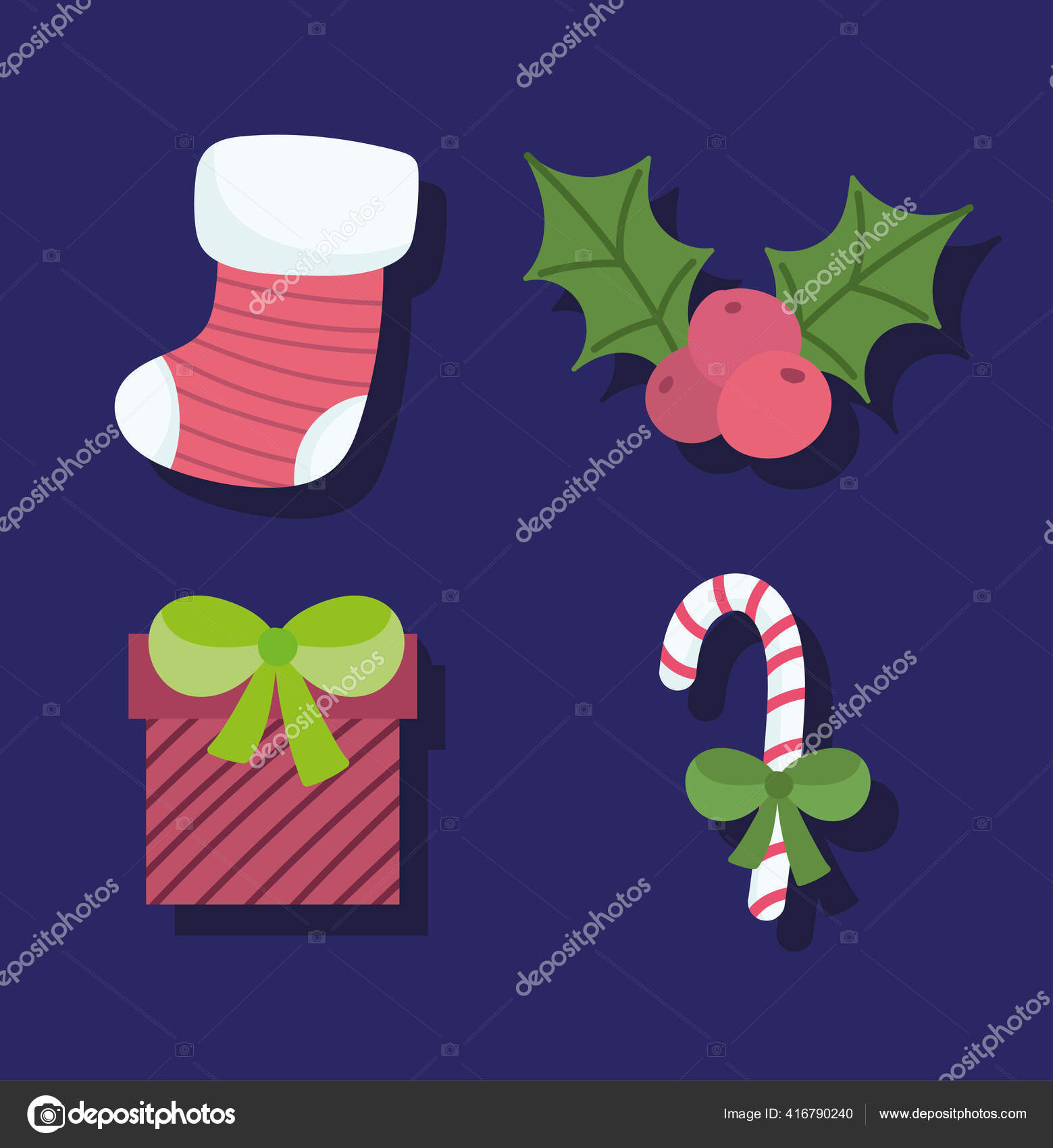 ost Slagter Arabiske Sarabo Glædelig jul, strømpe gave slik stok og kristtjørn bær ikoner mørk baggrund  — Stock-vektor © stockgiu #416790240