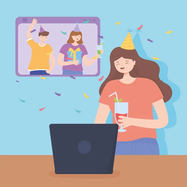 Online party, ευτυχισμένη γυναίκα με κοκτέιλ με φορητό υπολογιστή, φίλους smartphone γιορτάζει — Διανυσματικό Αρχείο